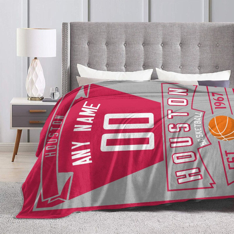 Custom Basketball Houston  Fleece Throw Blanket With Name Number for Fans Gifts