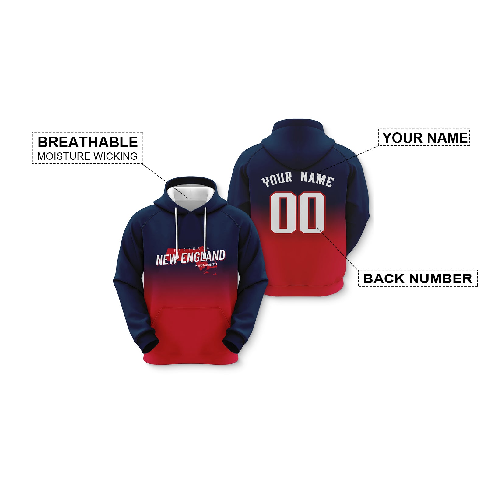 Custom Sports Pullover Sweatshirt City New England Map Split Fashion Football Hoodie