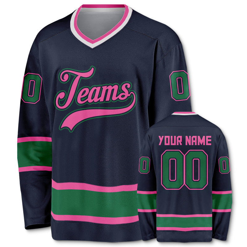 Custom Navy Pink-Green Authentic Hockey Jersey