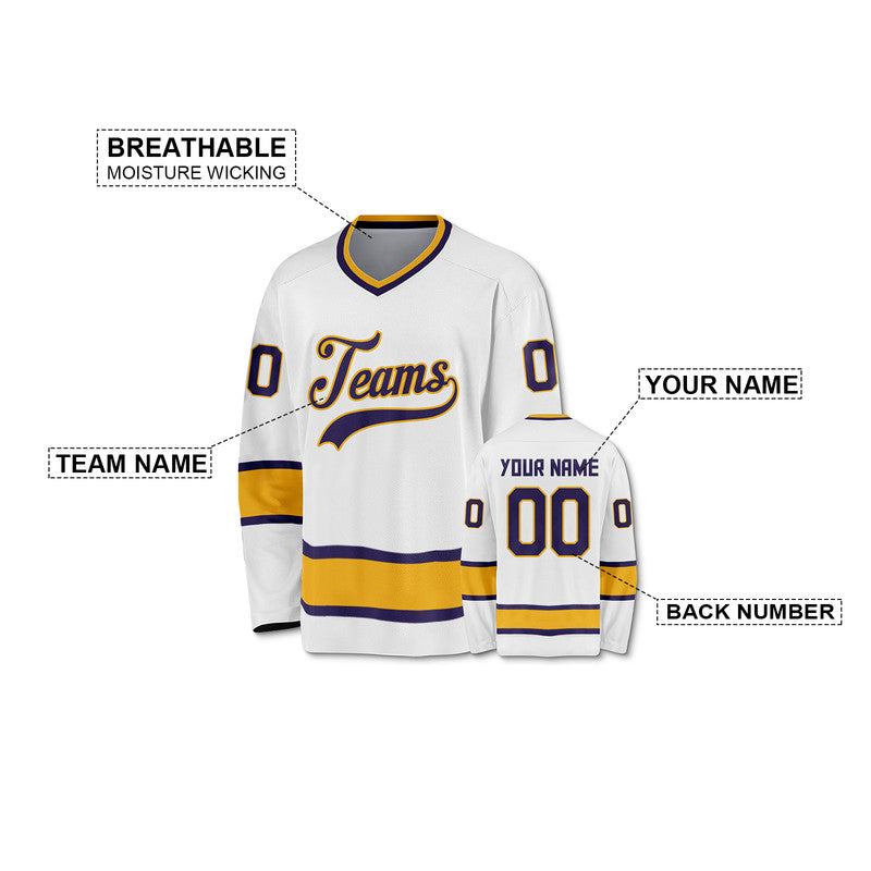 Custom White Purple-Gold Authentic Hockey Jersey