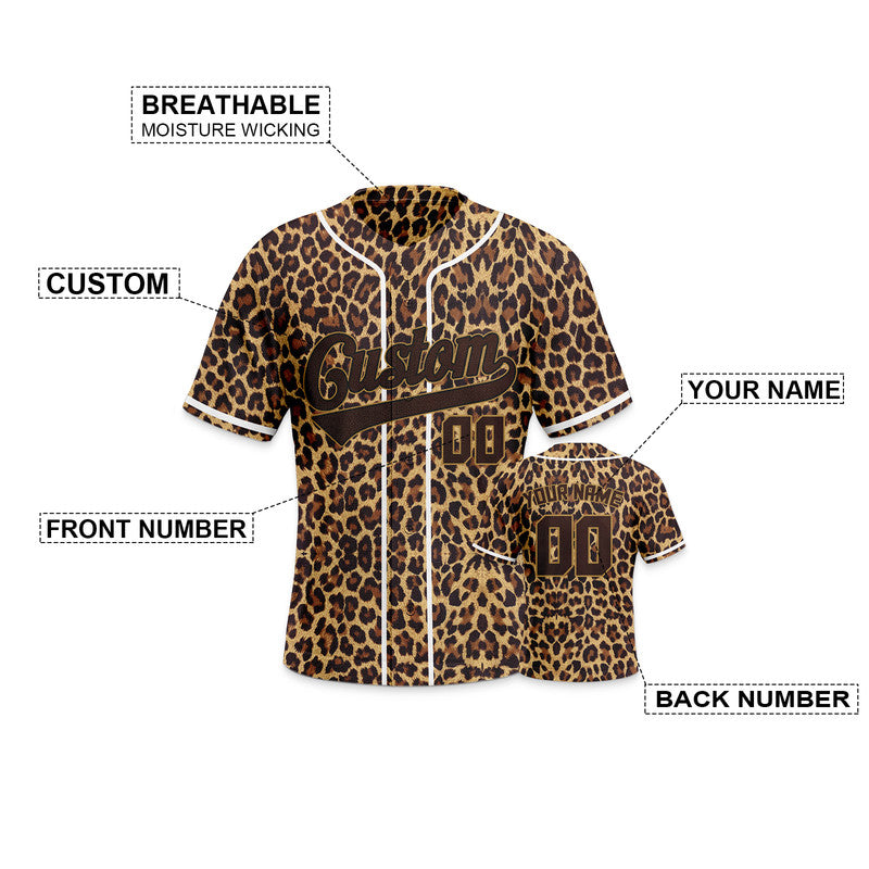 Custom Brown White 3D Pattern Design Leopard And Peacock Authentic Baseball Jersey