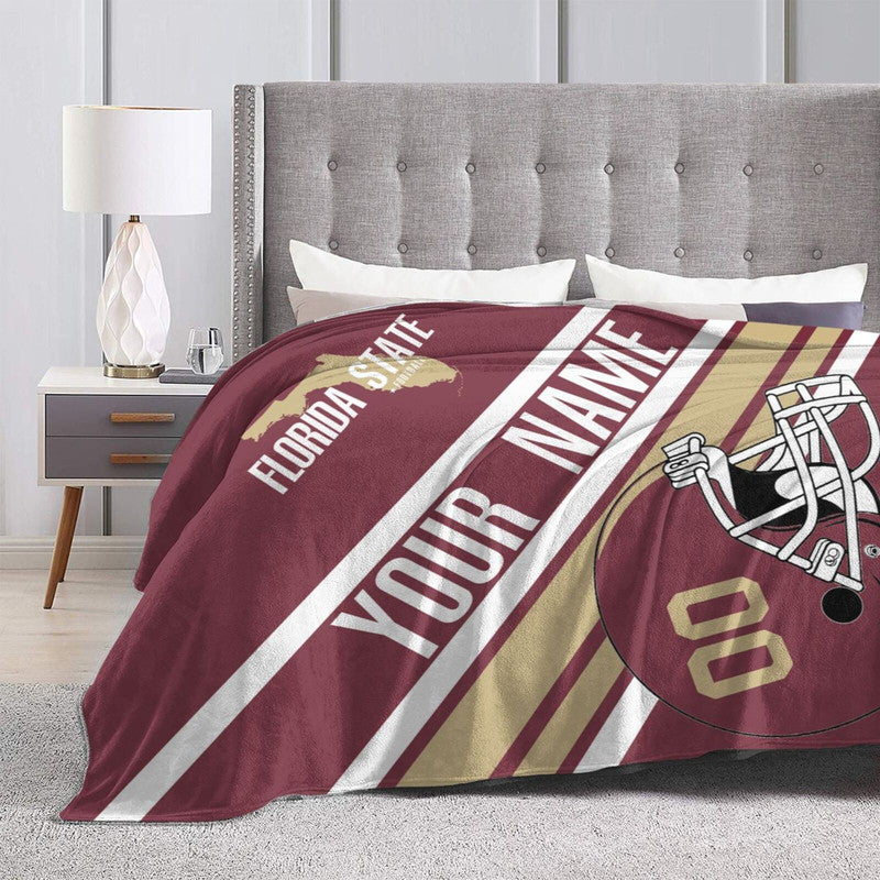 Custom Football Florida State Fleece Throw Blanket With Name Number for Fans Gifts