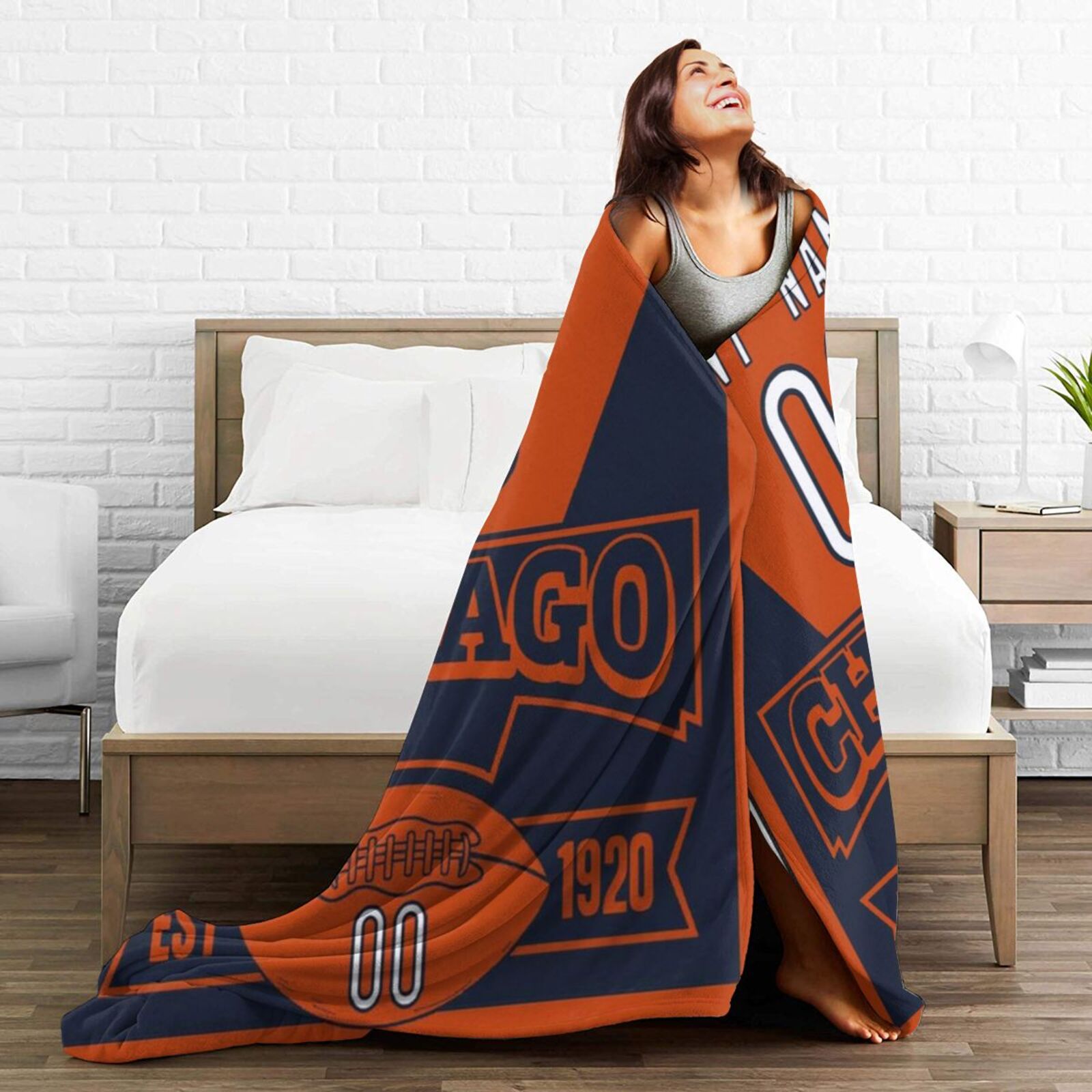 Custom Football Chicago City Fleece Throw Blanket With Name Number for Fans Gifts