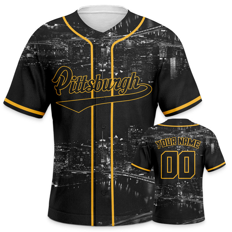 Custom 3D Night View Black Gold Authentic Baseball Silhouette Jersey
