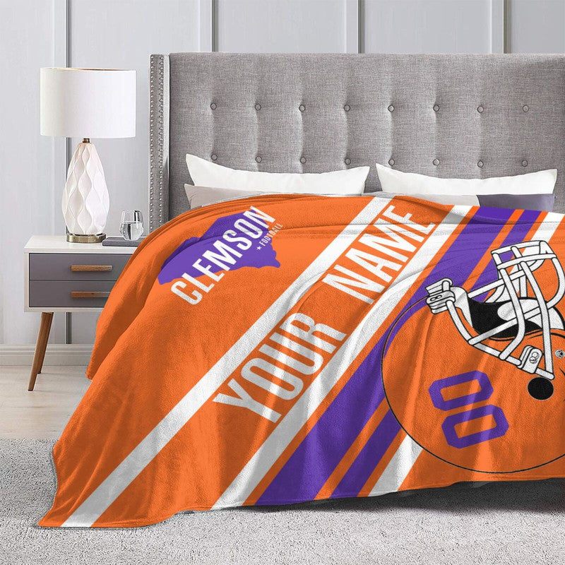 Custom Football Clemson Fleece Throw Blanket With Name Number for Fans Gifts