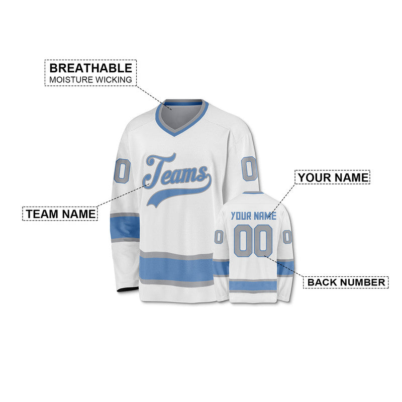 Custom White Light Blue-Gray Authentic Hockey Jersey