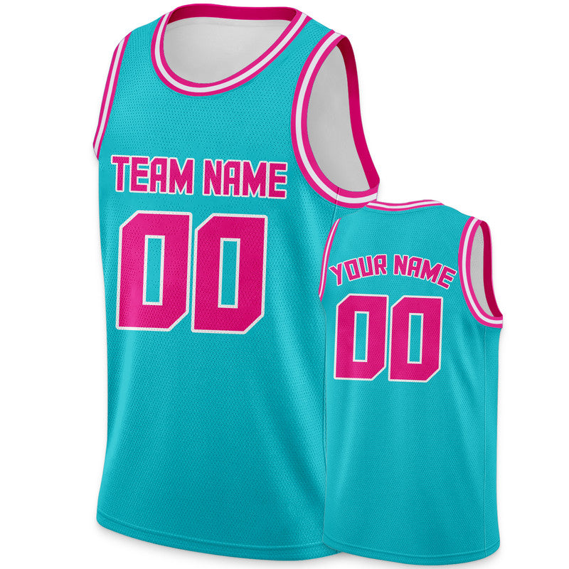 Custom Aqua Pink-White Round Neck Rib-Knit Basketball Jersey