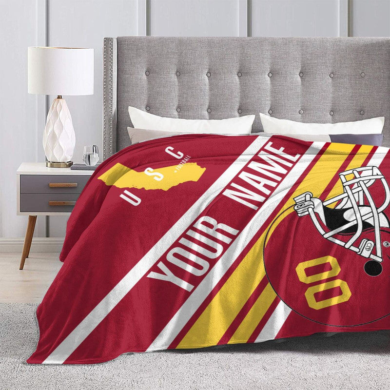 Custom Football USC Fleece Throw Blanket With Name Number for Fans Gifts