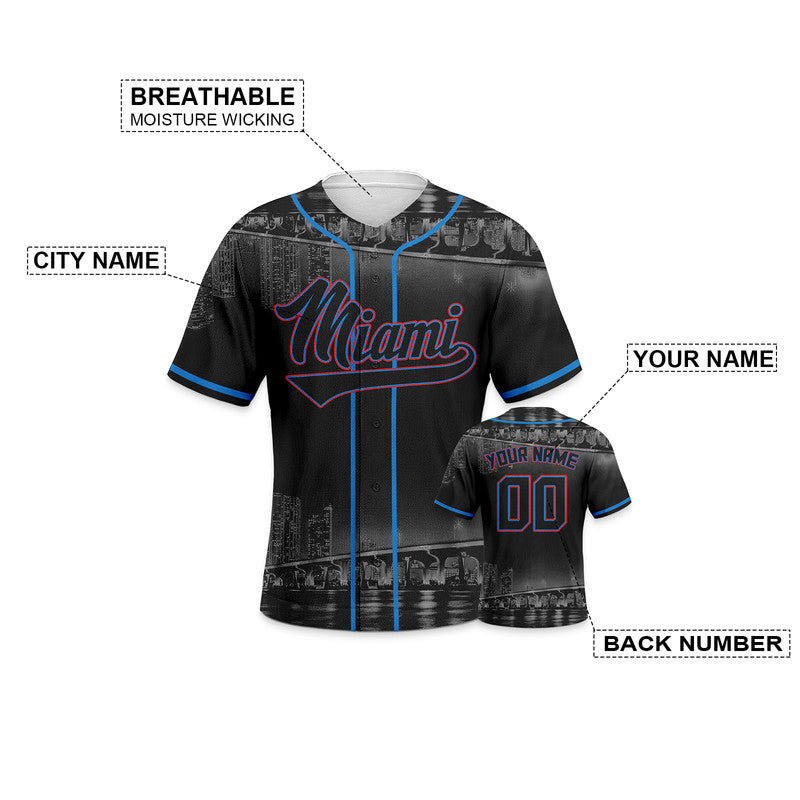 Custom 3D Night View  Black Powder Blue-Red Authentic Baseball Silhouette Jersey