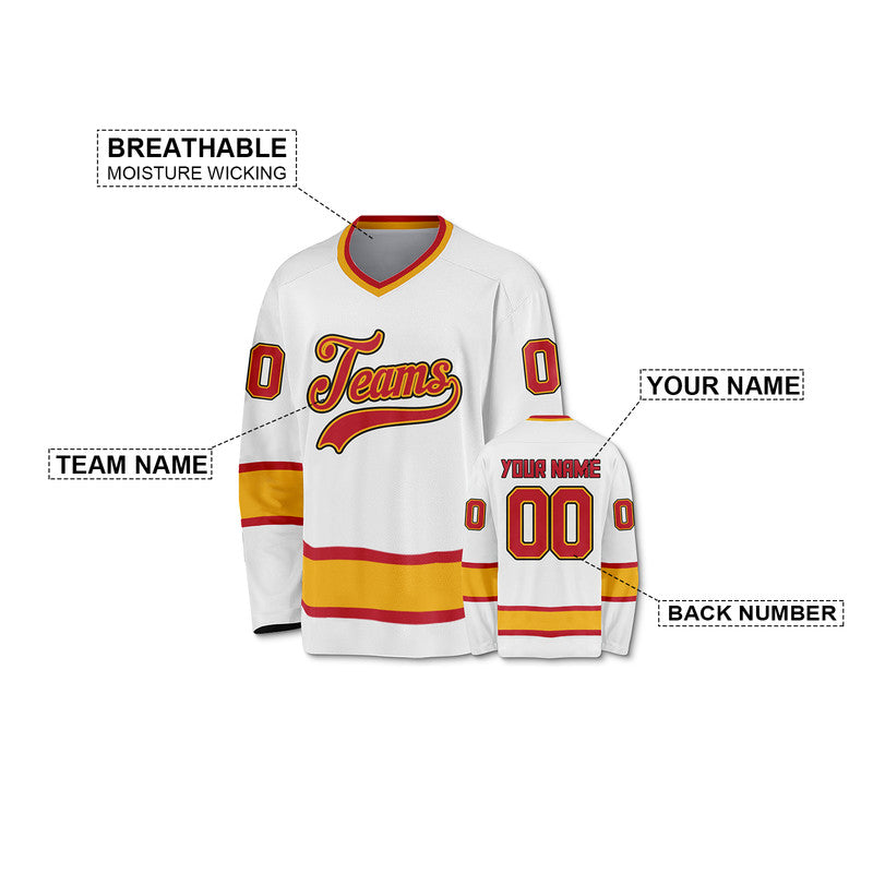 Custom White Red-Gold Authentic Hockey Jersey