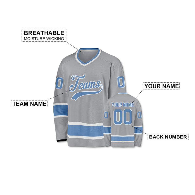 Custom Gray Light Blue-White Authentic Hockey Jersey