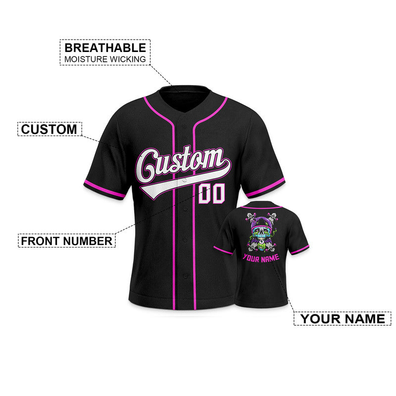 Custom Black Light Blue-Pink Authentic Skull Fashion Baseball Jersey