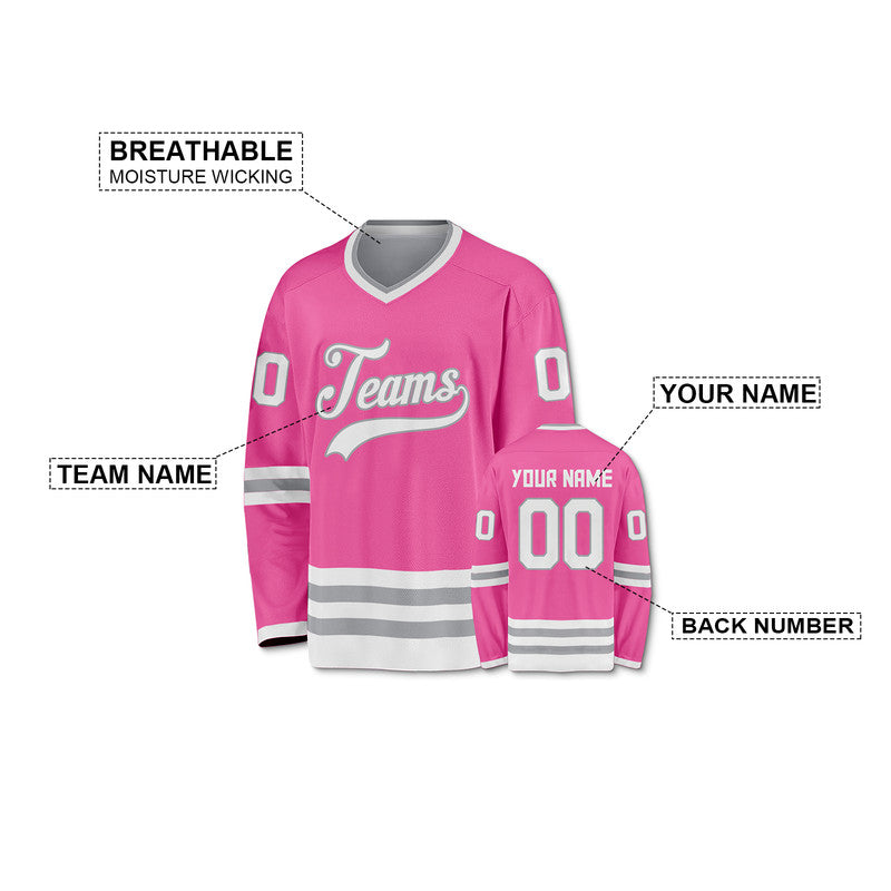 Custom Pink White-Gray Authentic Hockey Jersey