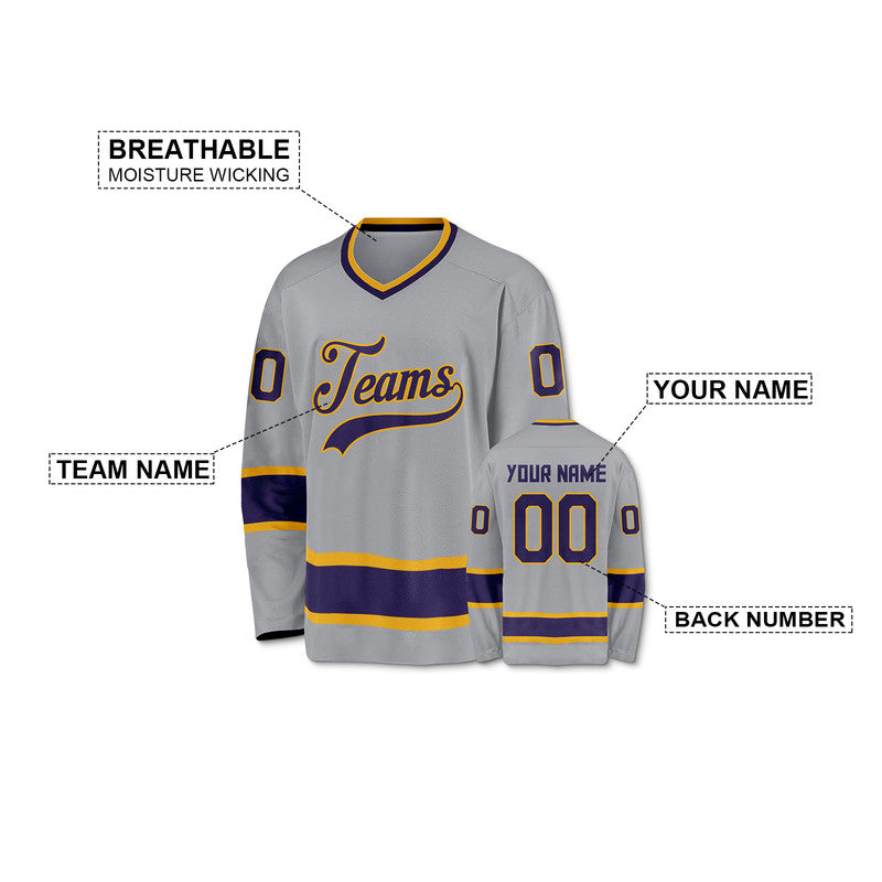 Custom Gray Purple-Gold Authentic Hockey Jersey