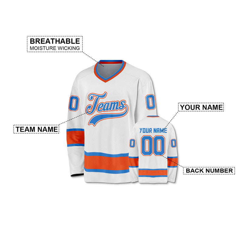 Custom White Powder Blue-Orange Authentic Hockey Jersey