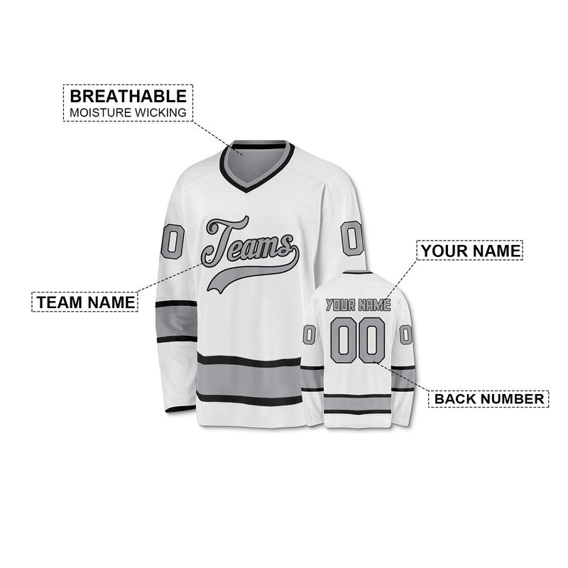 Custom White Gray-Black Authentic Hockey Jersey