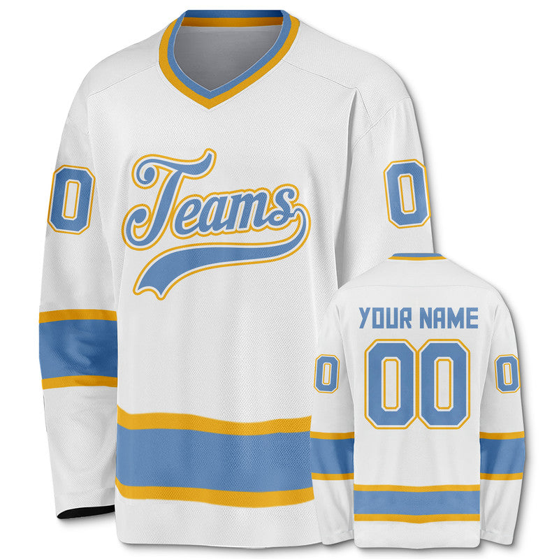 Custom White Light Blue-Gold Authentic Hockey Jersey