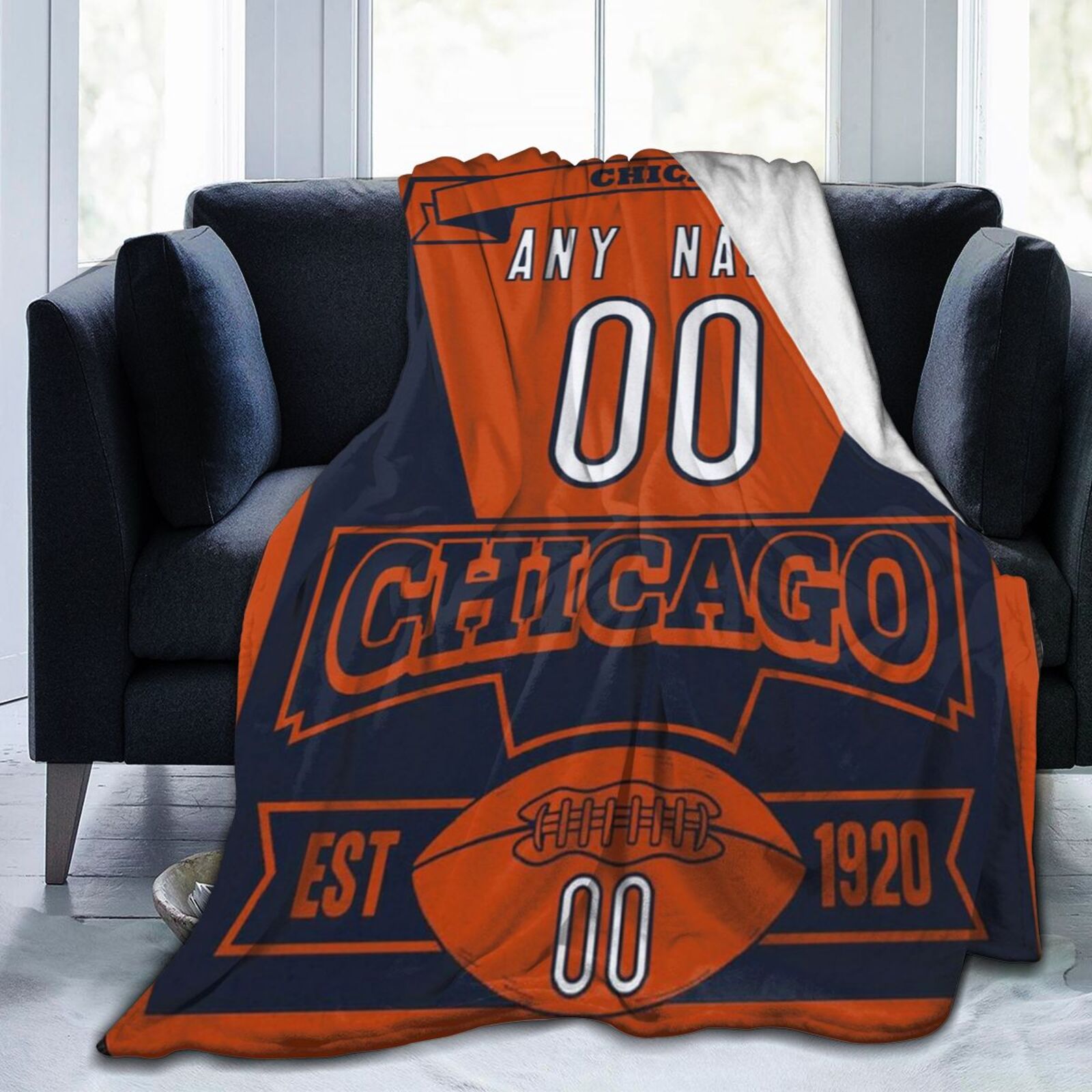 Custom Football Chicago City Fleece Throw Blanket With Name Number for Fans Gifts