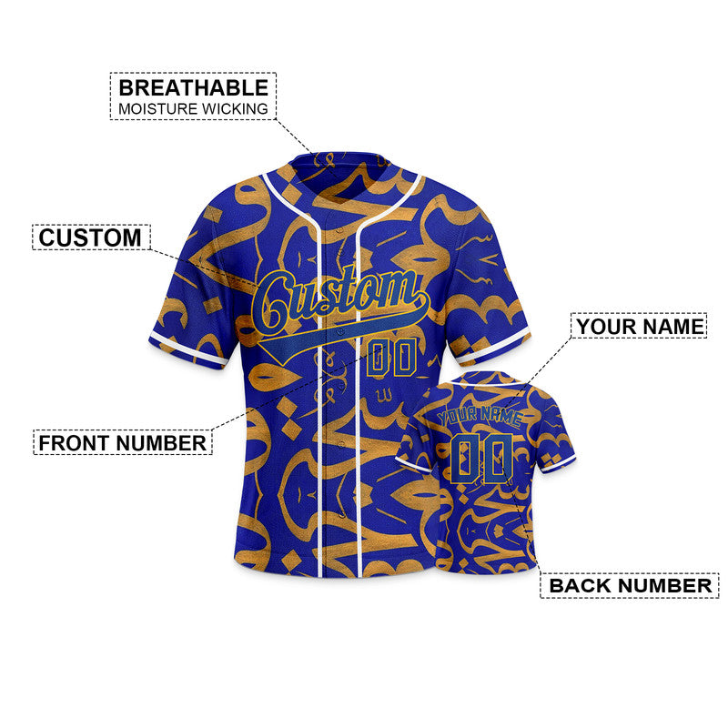 Custom Graffiti Pattern Royal-Gold 3D Pattern Design Authentic Baseball Jersey