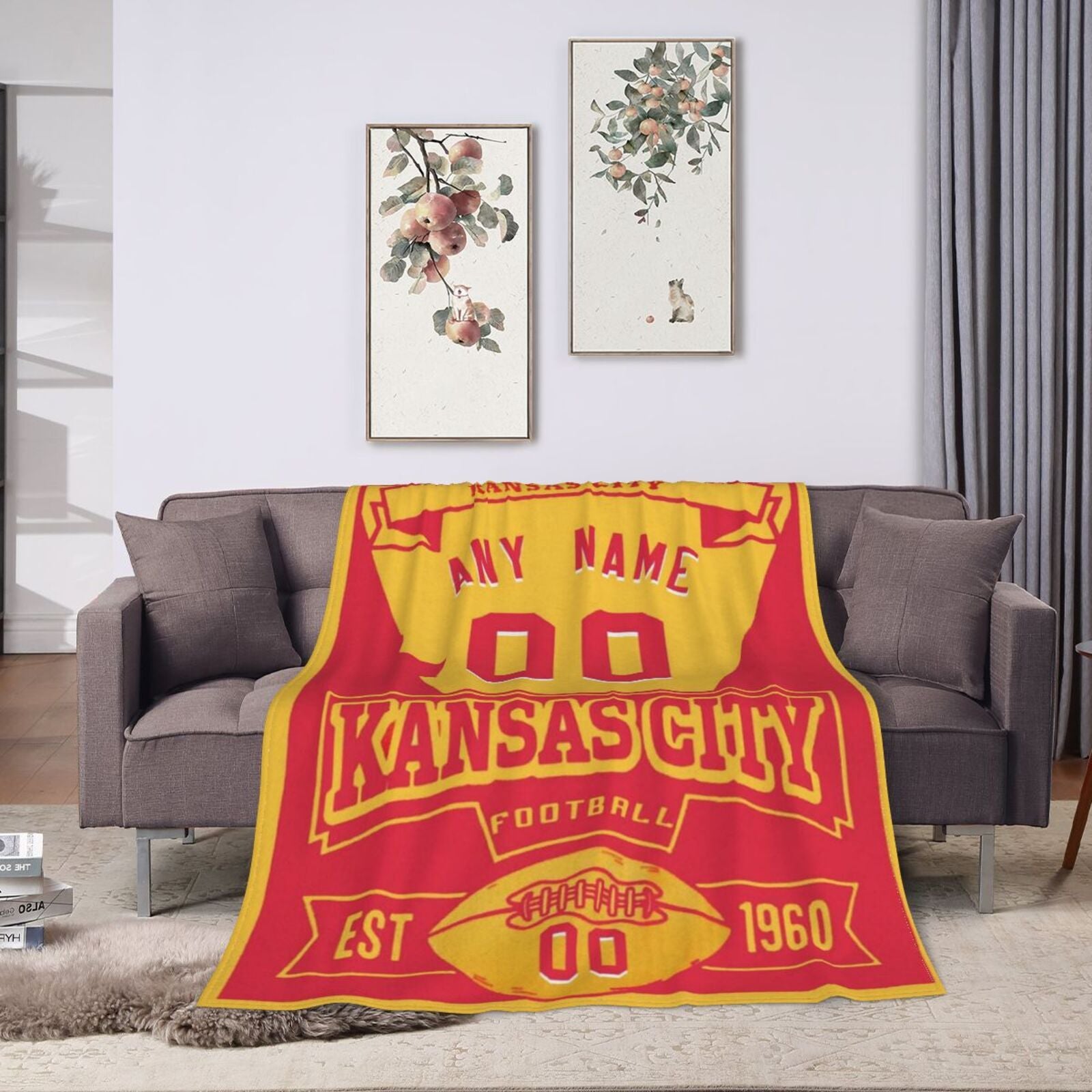 Custom Football Kansas City Fleece Throw Blanket With Name Number for Fans Gifts