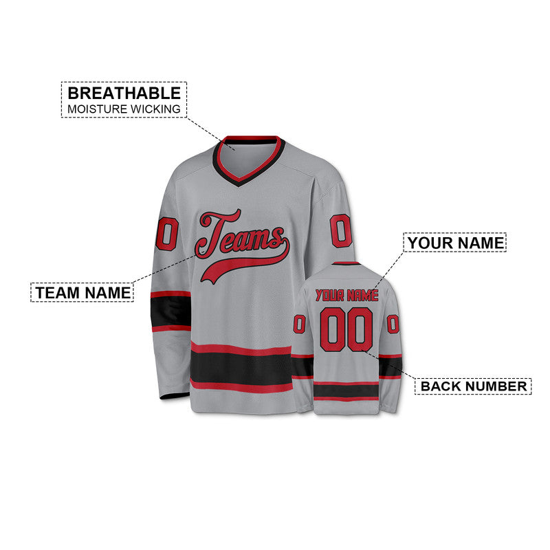 Custom Gray Red-Black Authentic Hockey Jersey