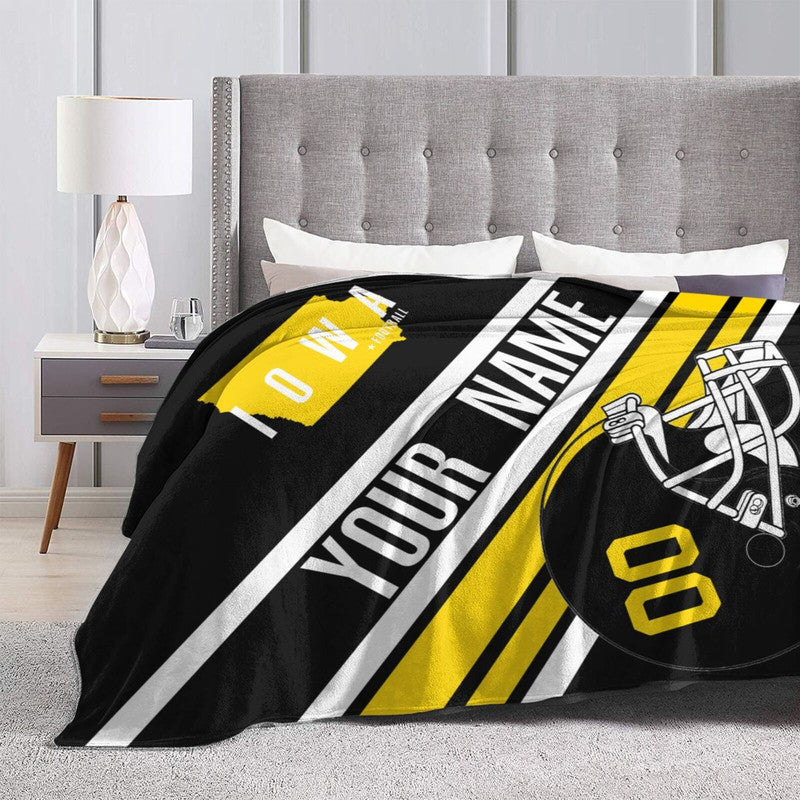 Custom Football Iowa Fleece Throw Blanket With Name Number for Fans Gifts