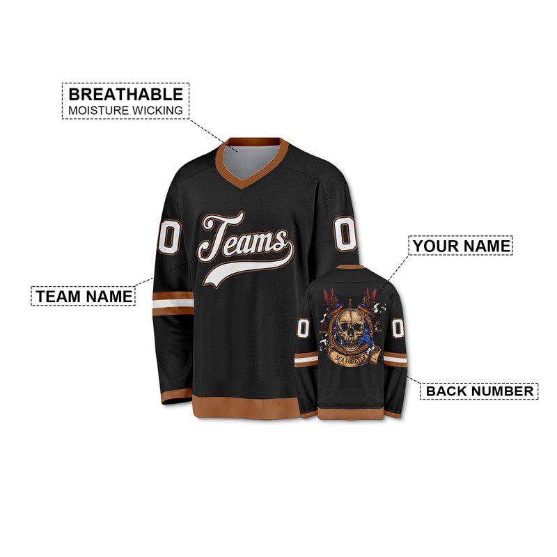 Custom Black Black-Old Gold Authentic Skull Fashion Hockey Jersey-1