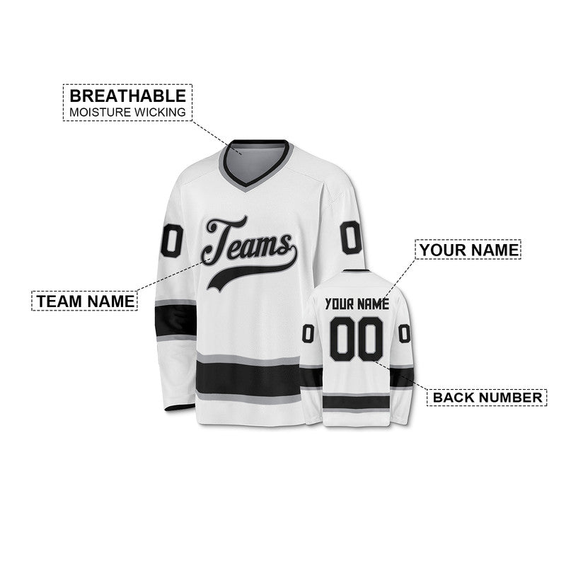 Custom White Black-Gray Authentic Hockey Jersey