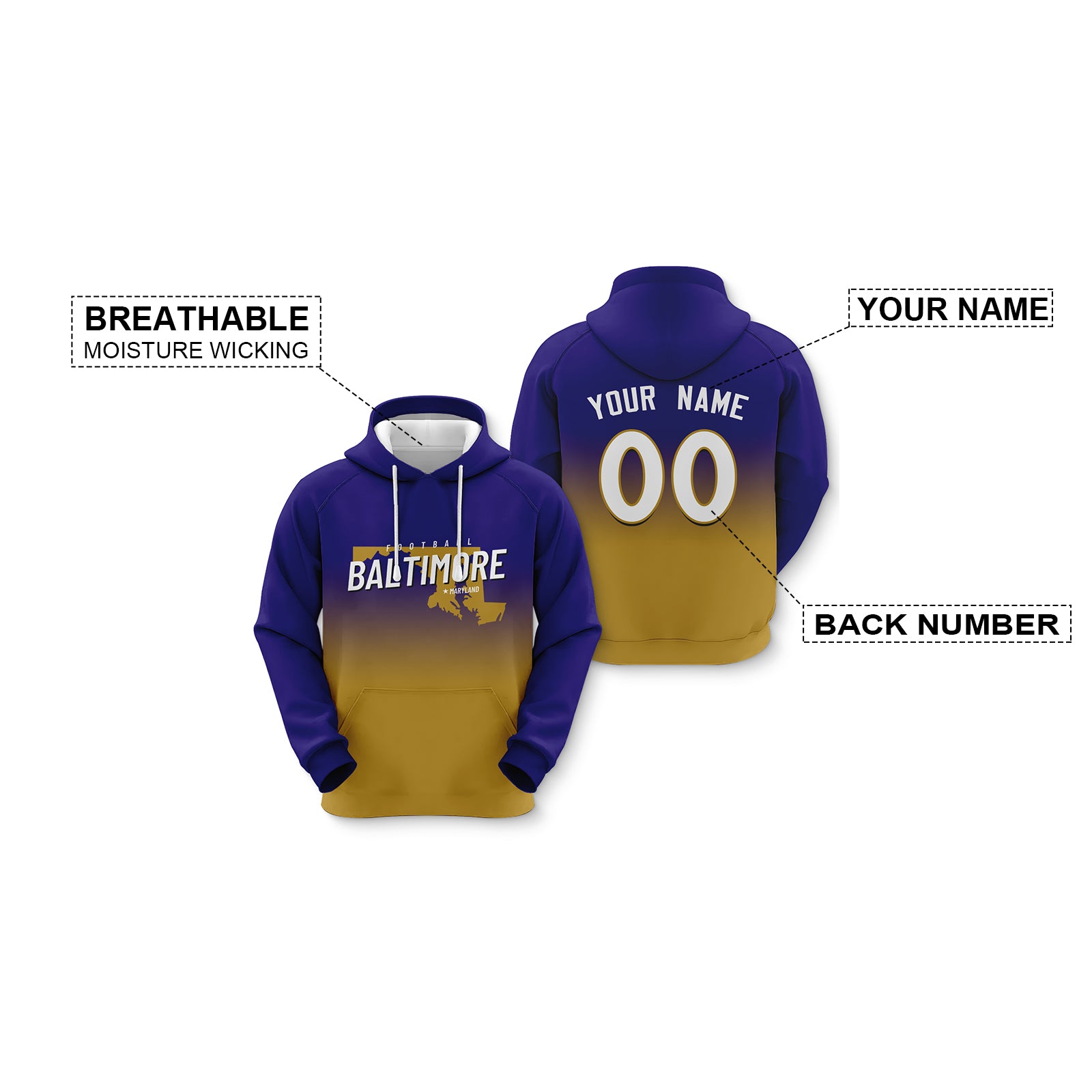 Custom Sports Pullover Sweatshirt City Baltimore Map Split Fashion Football Hoodie