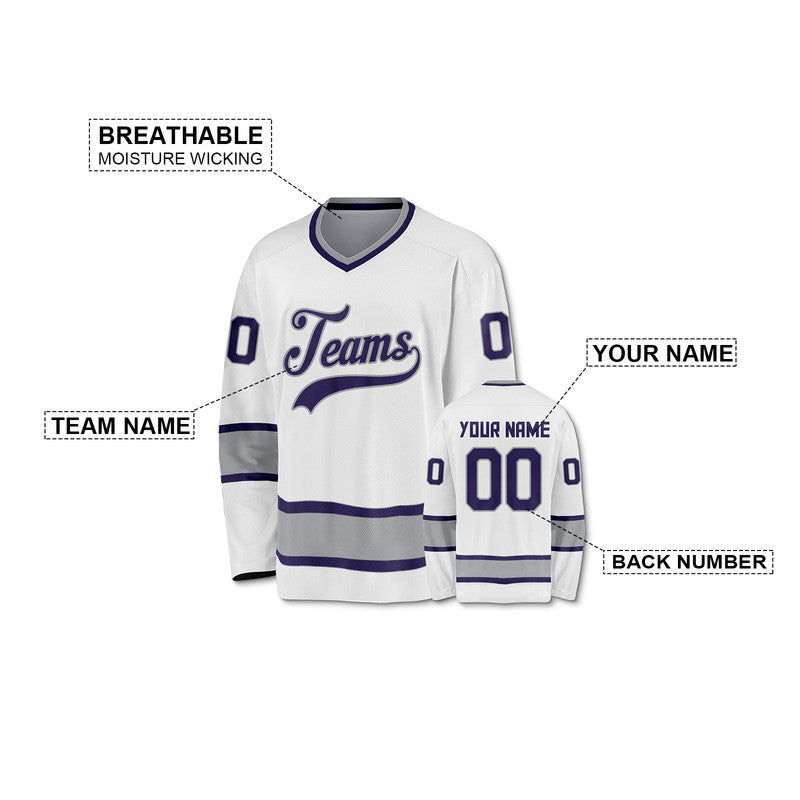 Custom White Purple-Gray Authentic Hockey Jersey