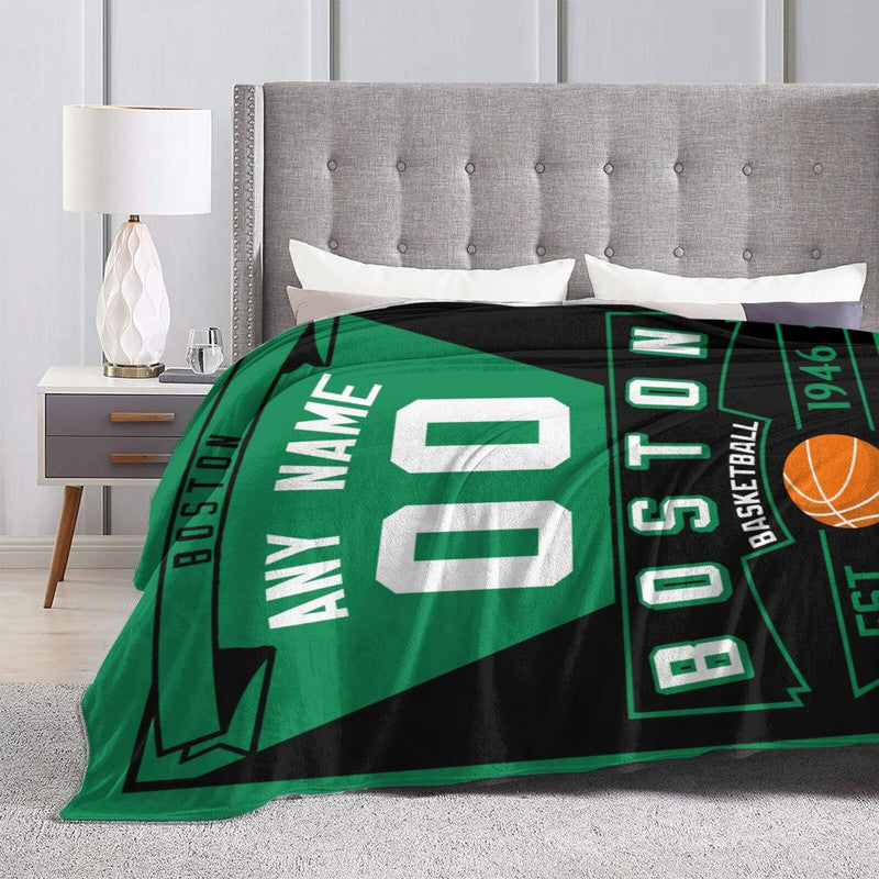 Custom Basketball Boston  Fleece Throw Blanket With Name Number for Fans Gifts