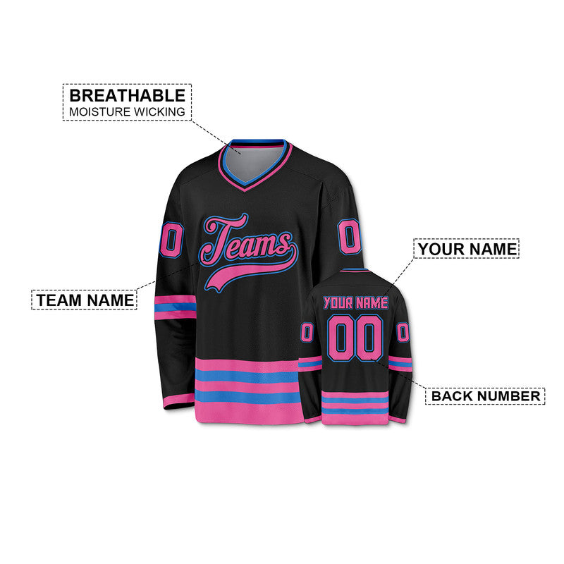 Custom Black Pink-Powder Blue Authentic Hockey Jersey