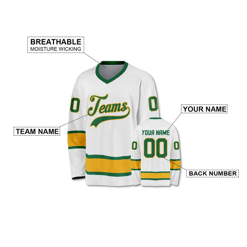 Custom White Green-Gold Authentic Hockey Jersey