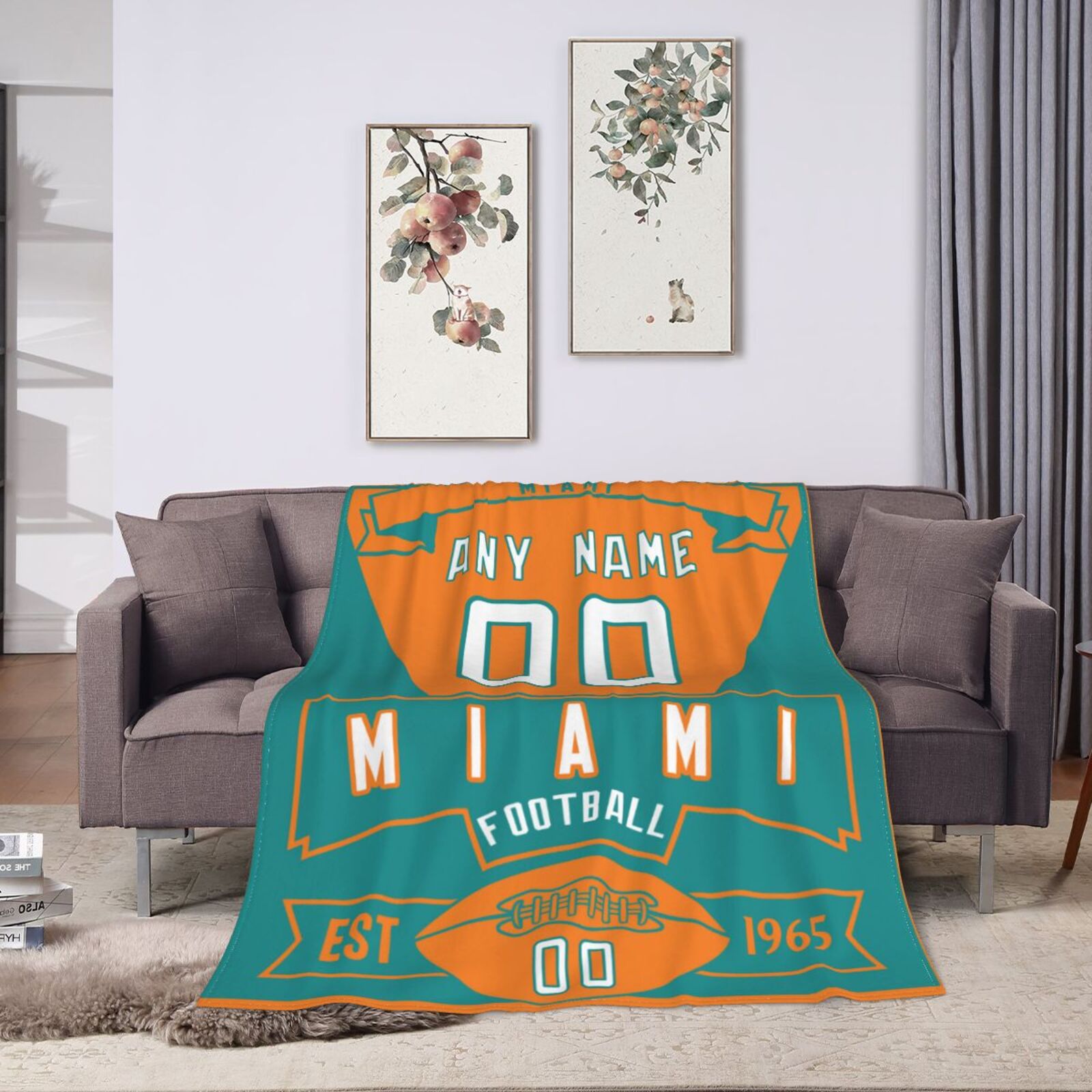 Custom Football City Miami Fleece Throw Blanket With Name Number for Fans Gifts