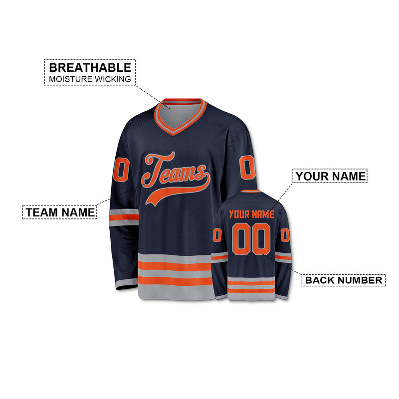 Custom Navy Orange-Gray Authentic Hockey Jersey