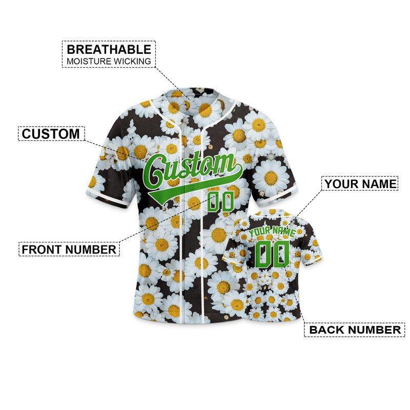 Custom Black White-Green 3D Pattern Design Daisy Authentic Baseball Jersey