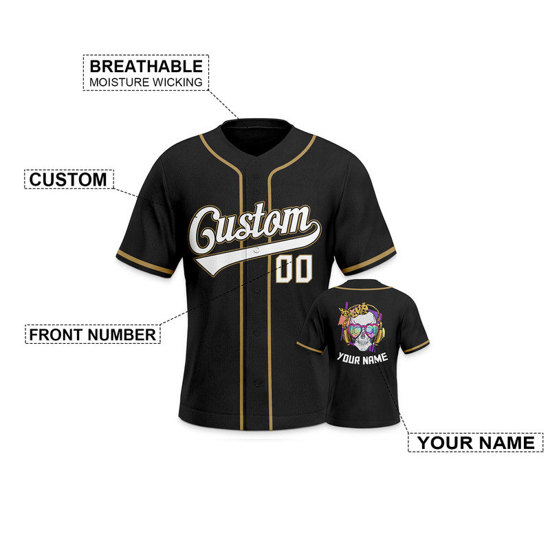 Custom Black Black-Old Gold Authentic Skull Fashion Baseball Jersey 2