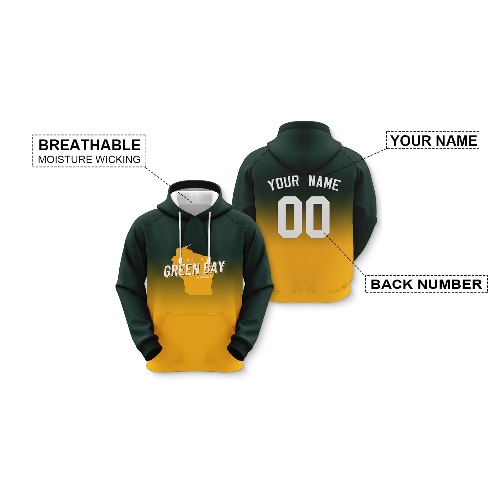 Custom Sports Pullover Sweatshirt City Green Bay Map Split Fashion Football Hoodie