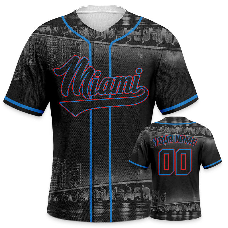Custom 3D Night View  Black Powder Blue-Red Authentic Baseball Silhouette Jersey