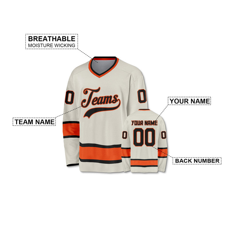 Custom Cream Black-Orange Authentic Hockey Jersey