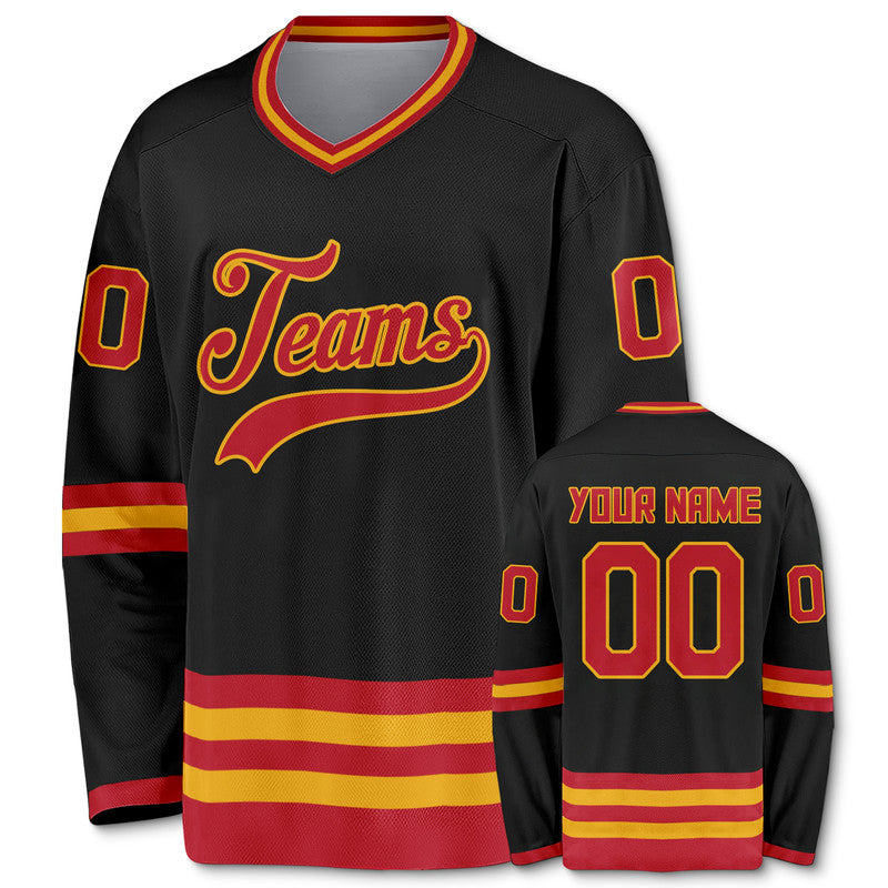 Custom Black Red-Gold Authentic Hockey Jersey