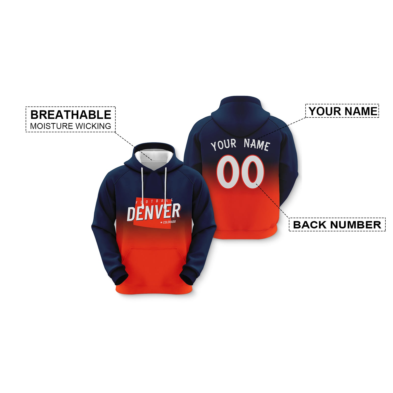 Custom Sports Pullover Sweatshirt City Denver Map Split Fashion Football Hoodie