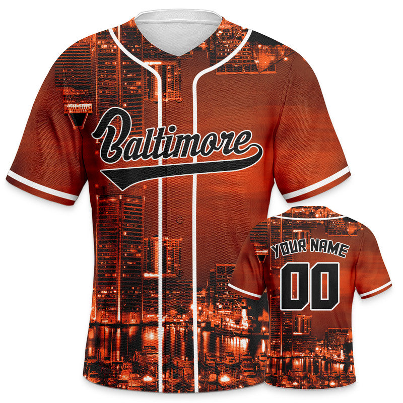 Custom 3D Night View Black Orange-White Authentic Baseball Silhouette Jersey