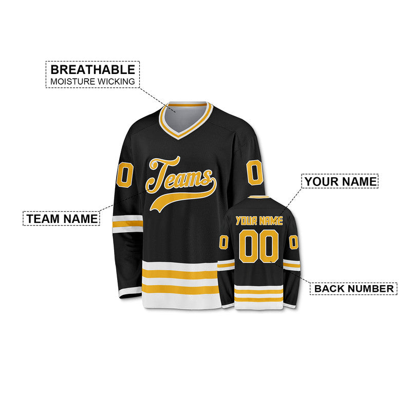 Custom Black Gold-White Authentic Hockey Jersey