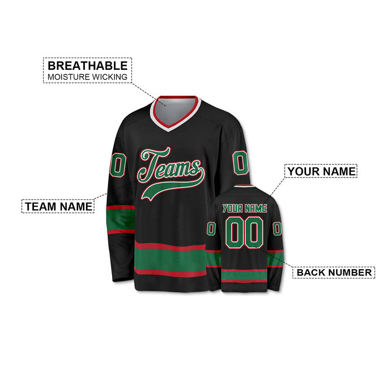 Custom Black Kelly Green-Red Authentic Hockey Jersey