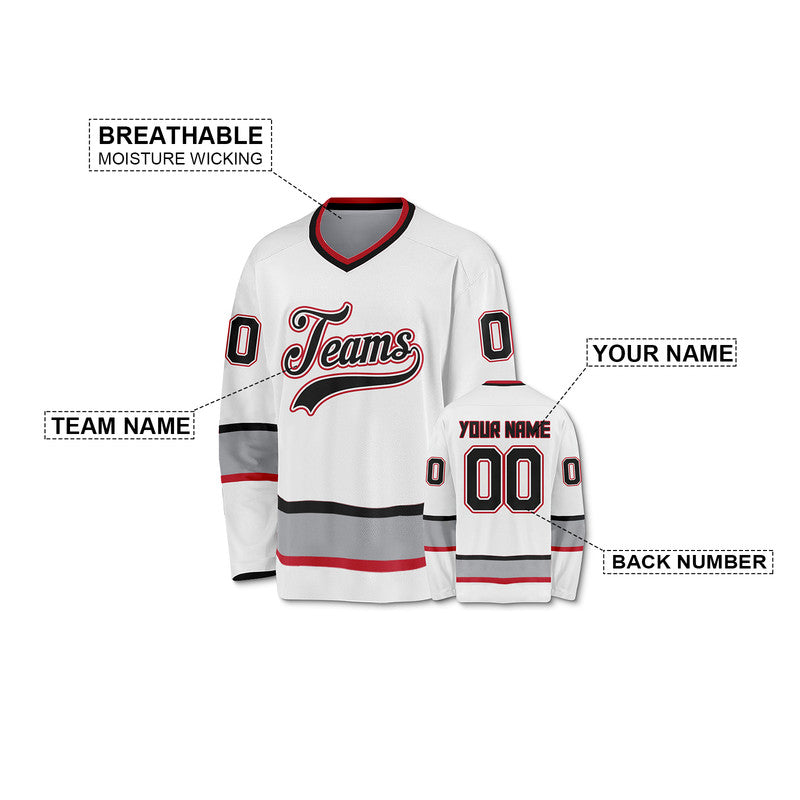 Custom White Black Gray-Red Authentic Hockey Jersey