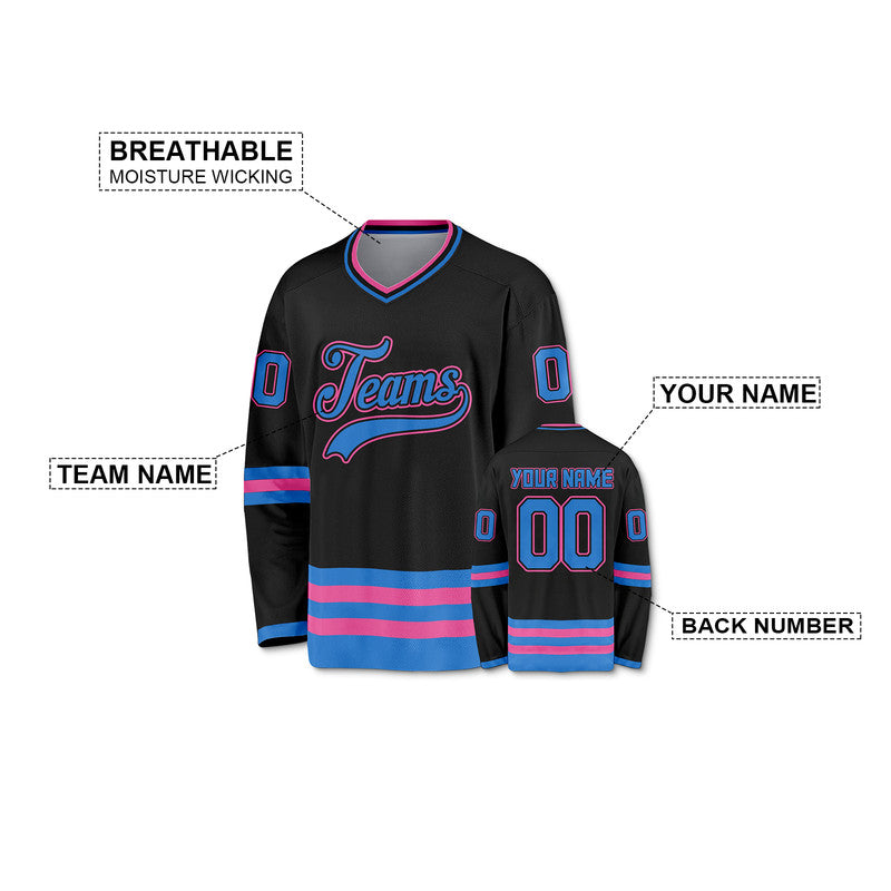 Custom Black Powder Blue-Pink Authentic Hockey Jersey