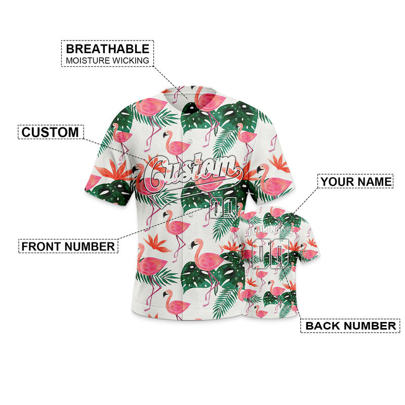 Custom White Pink-Green 3D Pattern Design Flamingo And Peacock Authentic Baseball Jersey