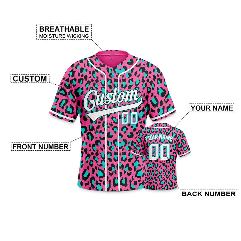 Custom Pink Powder Blue-White 3D Pattern Design Leopard Authentic Baseball Jersey