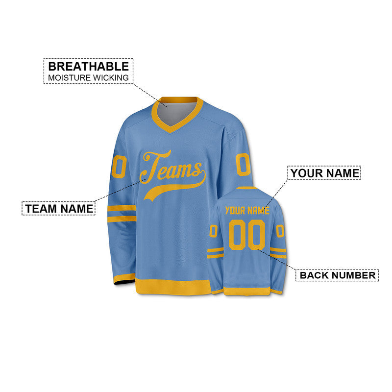 Custom Light Blue Gold Authentic Hockey Jersey